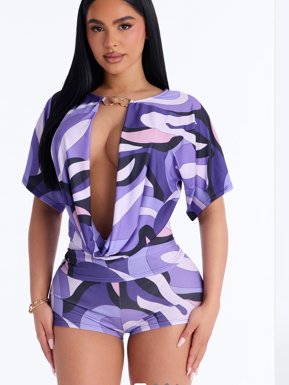 Fashion Nova Purple Multicolor Camo-Print Women's Shorts Romper